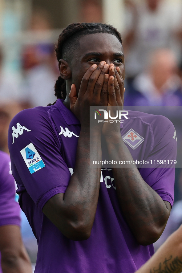 Moise Keand’s gesture of regret after his header goes just wide during the Italian Serie A football match between ACF Fiorentina and SS Lazi...