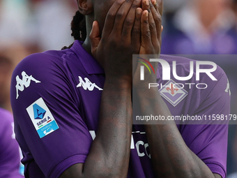 Moise Keand’s gesture of regret after his header goes just wide during the Italian Serie A football match between ACF Fiorentina and SS Lazi...