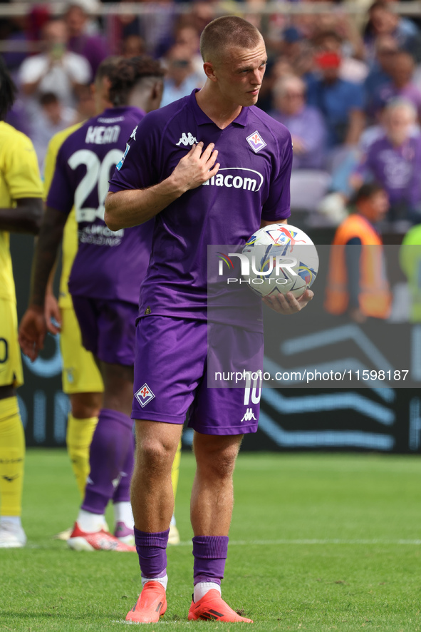 Albert Gudmundsson of ACF Fiorentina is about to shoot the penalty during the Italian Serie A football match between ACF Fiorentina and SS L...