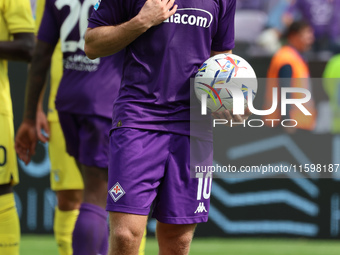 Albert Gudmundsson of ACF Fiorentina is about to shoot the penalty during the Italian Serie A football match between ACF Fiorentina and SS L...