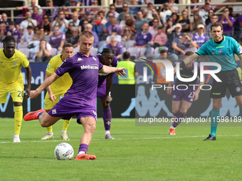 Albert Gudmundsson of ACF Fiorentina is about to shoot the penalty during the Italian Serie A football match between ACF Fiorentina and SS L...