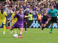 Albert Gudmundsson of ACF Fiorentina is about to shoot the penalty during the Italian Serie A football match between ACF Fiorentina and SS L...