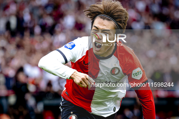 Feyenoord Rotterdam forward Ayase Ueda scores the 1-0 and celebrates the goal during the match between Feyenoord and NAC at Stadium De Kuip...