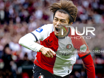 Feyenoord Rotterdam forward Ayase Ueda scores the 1-0 and celebrates the goal during the match between Feyenoord and NAC at Stadium De Kuip...