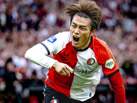 Feyenoord Rotterdam forward Ayase Ueda scores the 1-0 and celebrates the goal during the match between Feyenoord and NAC at Stadium De Kuip...