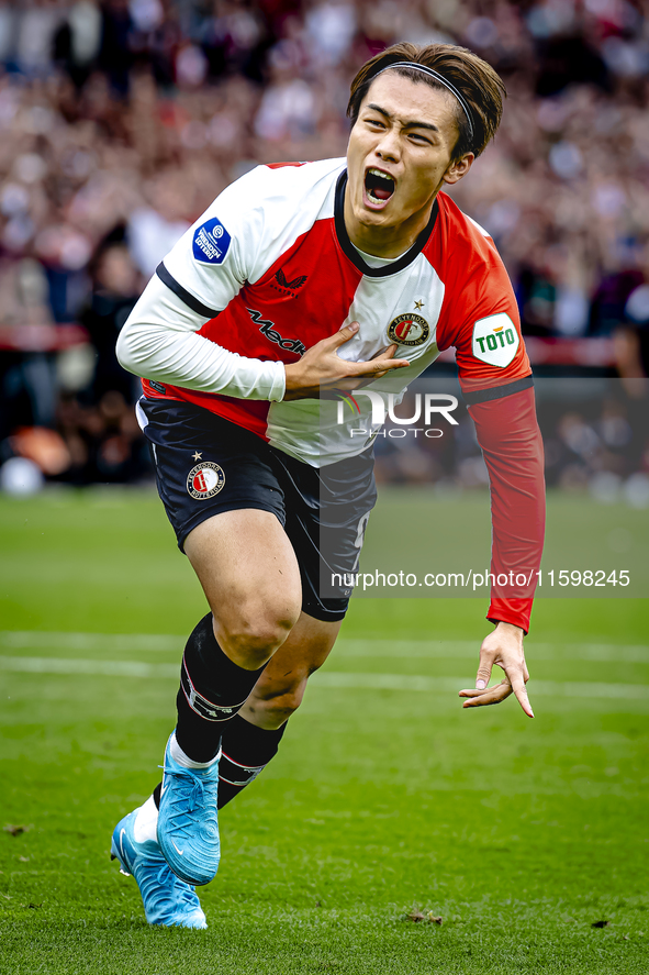 Feyenoord Rotterdam forward Ayase Ueda scores the 1-0 and celebrates the goal during the match between Feyenoord and NAC at Stadium De Kuip...