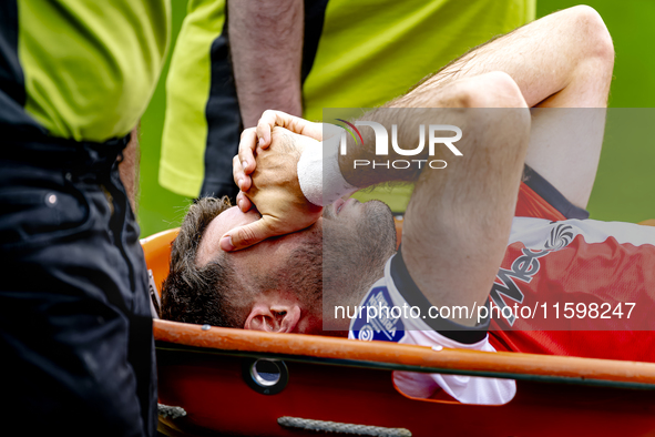 Feyenoord Rotterdam forward Santiago Gimenez gets injured during the match between Feyenoord and NAC at Stadium De Kuip for the Dutch Erediv...