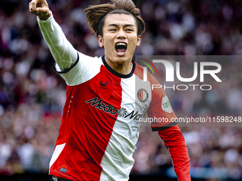 Feyenoord Rotterdam forward Ayase Ueda scores the 1-0 and celebrates the goal during the match between Feyenoord and NAC at Stadium De Kuip...