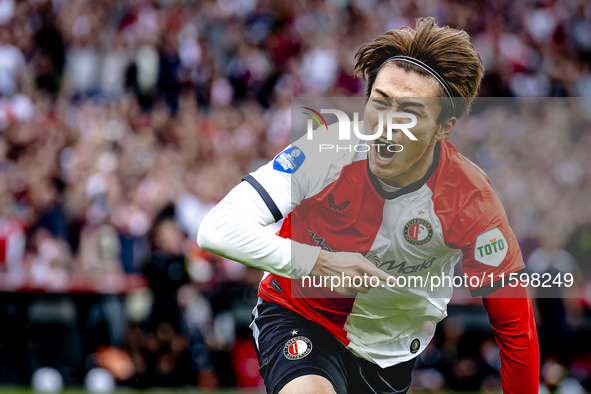 Feyenoord Rotterdam forward Ayase Ueda scores the 1-0 and celebrates the goal during the match between Feyenoord and NAC at Stadium De Kuip...