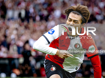 Feyenoord Rotterdam forward Ayase Ueda scores the 1-0 and celebrates the goal during the match between Feyenoord and NAC at Stadium De Kuip...