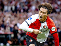 Feyenoord Rotterdam forward Ayase Ueda scores the 1-0 and celebrates the goal during the match between Feyenoord and NAC at Stadium De Kuip...