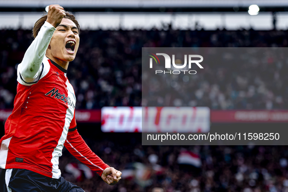 Feyenoord Rotterdam forward Ayase Ueda scores the 1-0 and celebrates the goal during the match between Feyenoord and NAC at Stadium De Kuip...