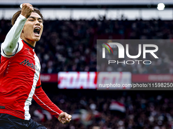 Feyenoord Rotterdam forward Ayase Ueda scores the 1-0 and celebrates the goal during the match between Feyenoord and NAC at Stadium De Kuip...