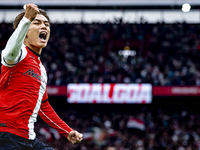 Feyenoord Rotterdam forward Ayase Ueda scores the 1-0 and celebrates the goal during the match between Feyenoord and NAC at Stadium De Kuip...