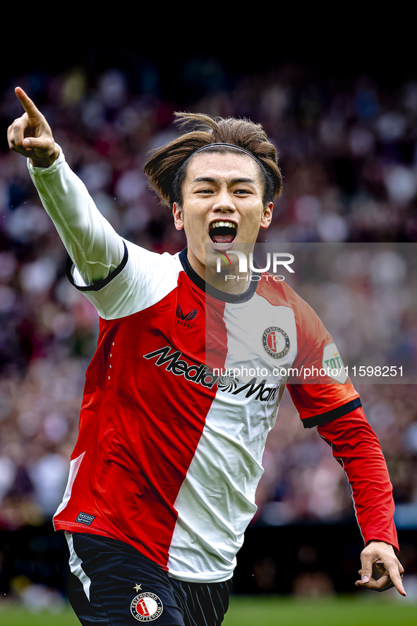 Feyenoord Rotterdam forward Ayase Ueda scores the 1-0 and celebrates the goal during the match between Feyenoord and NAC at Stadium De Kuip...