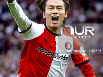 Feyenoord Rotterdam forward Ayase Ueda scores the 1-0 and celebrates the goal during the match between Feyenoord and NAC at Stadium De Kuip...