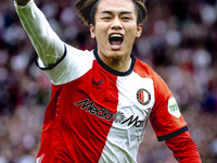 Feyenoord Rotterdam forward Ayase Ueda scores the 1-0 and celebrates the goal during the match between Feyenoord and NAC at Stadium De Kuip...