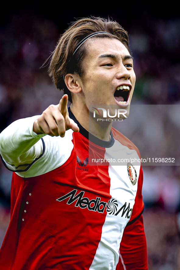 Feyenoord Rotterdam forward Ayase Ueda scores the 1-0 and celebrates the goal during the match between Feyenoord and NAC at Stadium De Kuip...