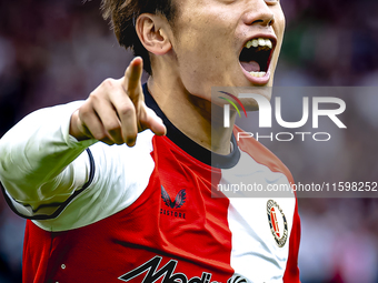 Feyenoord Rotterdam forward Ayase Ueda scores the 1-0 and celebrates the goal during the match between Feyenoord and NAC at Stadium De Kuip...