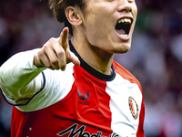 Feyenoord Rotterdam forward Ayase Ueda scores the 1-0 and celebrates the goal during the match between Feyenoord and NAC at Stadium De Kuip...