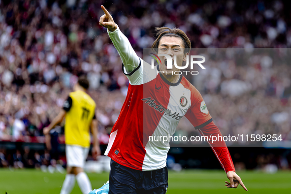 Feyenoord Rotterdam forward Ayase Ueda scores the 1-0 and celebrates the goal during the match between Feyenoord and NAC at Stadium De Kuip...