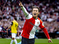 Feyenoord Rotterdam forward Ayase Ueda scores the 1-0 and celebrates the goal during the match between Feyenoord and NAC at Stadium De Kuip...