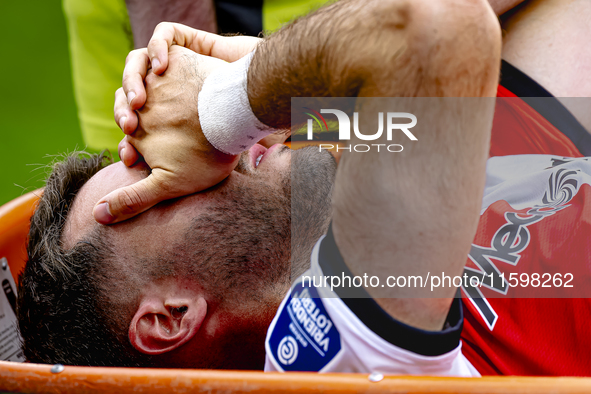 Feyenoord Rotterdam forward Santiago Gimenez gets injured during the match between Feyenoord and NAC at Stadium De Kuip for the Dutch Erediv...