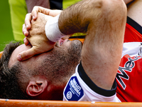 Feyenoord Rotterdam forward Santiago Gimenez gets injured during the match between Feyenoord and NAC at Stadium De Kuip for the Dutch Erediv...