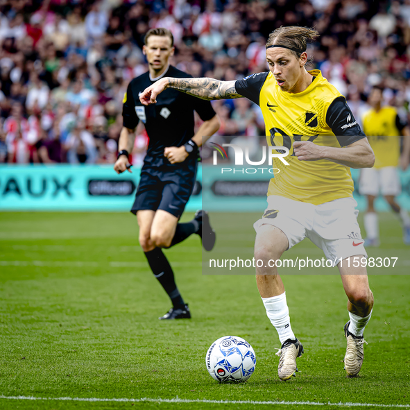 NAC Breda player Elias Mar Omarsson plays during the match between Feyenoord and NAC at Stadium De Kuip for the Dutch Eredivisie season 2024...