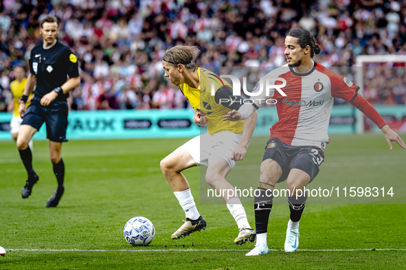 NAC Breda player Elias Mar Omarsson and Feyenoord Rotterdam forward Anis Hadj Moussa during the match between Feyenoord and NAC at Stadium D...