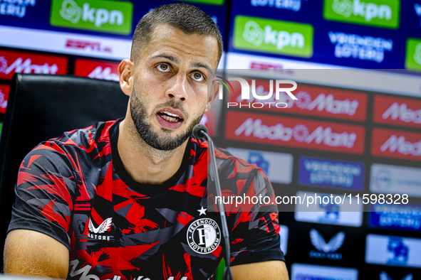 Feyenoord Rotterdam defender David Hancko speaks at the press conference after the match between Feyenoord and NAC at Stadium De Kuip for th...