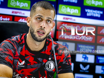 Feyenoord Rotterdam defender David Hancko speaks at the press conference after the match between Feyenoord and NAC at Stadium De Kuip for th...