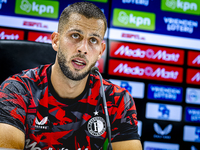 Feyenoord Rotterdam defender David Hancko speaks at the press conference after the match between Feyenoord and NAC at Stadium De Kuip for th...