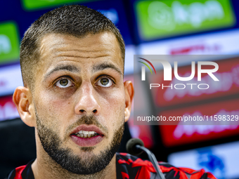 Feyenoord Rotterdam defender David Hancko speaks at the press conference after the match between Feyenoord and NAC at Stadium De Kuip for th...