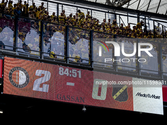 The scoreboard shows 2-0 during the match between Feyenoord and NAC at Stadium De Kuip for the Dutch Eredivisie season 2024-2025 in Rotterda...