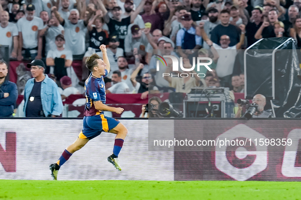 Tommaso Baldanzi of AS Roma celebrates after scoring third goal during the Serie A Enilive match between AS Roma and Udinese Calcio at Stadi...