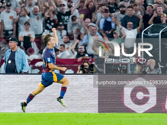 Tommaso Baldanzi of AS Roma celebrates after scoring third goal during the Serie A Enilive match between AS Roma and Udinese Calcio at Stadi...