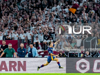 Tommaso Baldanzi of AS Roma celebrates after scoring third goal during the Serie A Enilive match between AS Roma and Udinese Calcio at Stadi...