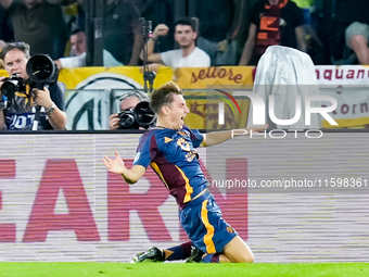 Tommaso Baldanzi of AS Roma celebrates after scoring third goal during the Serie A Enilive match between AS Roma and Udinese Calcio at Stadi...