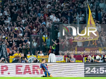 Tommaso Baldanzi of AS Roma celebrates after scoring third goal during the Serie A Enilive match between AS Roma and Udinese Calcio at Stadi...