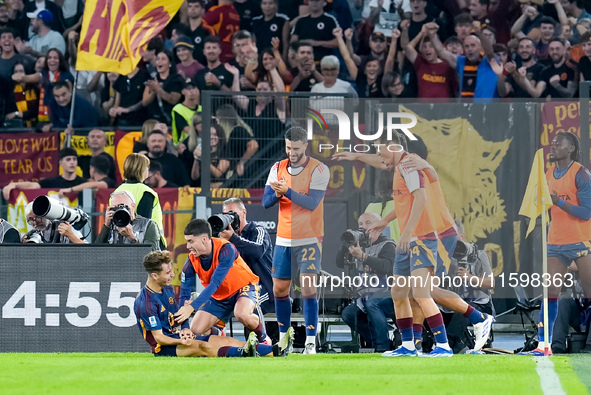 Tommaso Baldanzi of AS Roma celebrates after scoring third goal during the Serie A Enilive match between AS Roma and Udinese Calcio at Stadi...