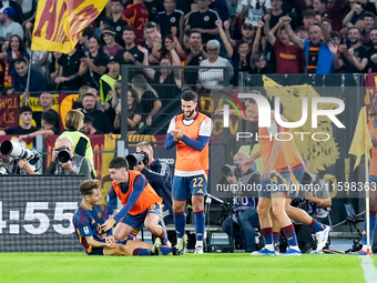 Tommaso Baldanzi of AS Roma celebrates after scoring third goal during the Serie A Enilive match between AS Roma and Udinese Calcio at Stadi...