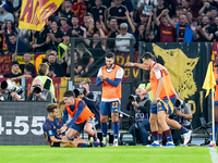 Tommaso Baldanzi of AS Roma celebrates after scoring third goal during the Serie A Enilive match between AS Roma and Udinese Calcio at Stadi...