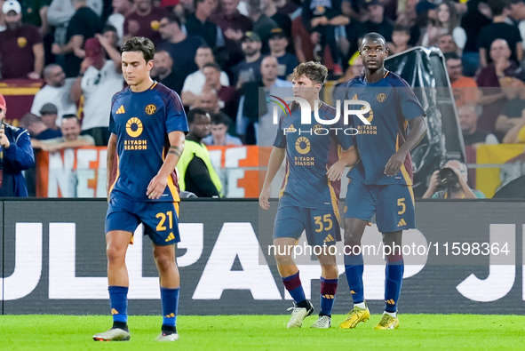 Tommaso Baldanzi of AS Roma celebrates after scoring third goal during the Serie A Enilive match between AS Roma and Udinese Calcio at Stadi...