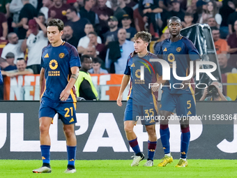 Tommaso Baldanzi of AS Roma celebrates after scoring third goal during the Serie A Enilive match between AS Roma and Udinese Calcio at Stadi...