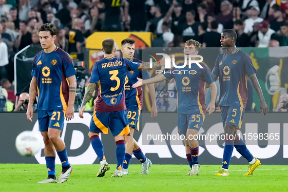 Tommaso Baldanzi of AS Roma celebrates after scoring third goal during the Serie A Enilive match between AS Roma and Udinese Calcio at Stadi...