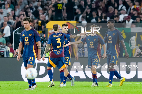 Tommaso Baldanzi of AS Roma celebrates after scoring third goal during the Serie A Enilive match between AS Roma and Udinese Calcio at Stadi...