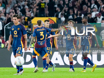 Tommaso Baldanzi of AS Roma celebrates after scoring third goal during the Serie A Enilive match between AS Roma and Udinese Calcio at Stadi...