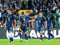 Tommaso Baldanzi of AS Roma celebrates after scoring third goal during the Serie A Enilive match between AS Roma and Udinese Calcio at Stadi...