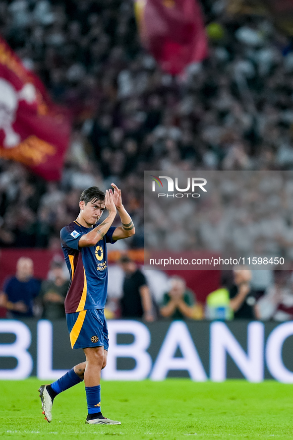 Paulo Dybala of AS Roma greets AS Roma fans leaving the pitch during the Serie A Enilive match between AS Roma and Udinese Calcio at Stadio...